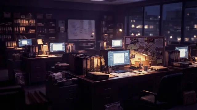 A dimly lit police detective room with files and computer monitors at night.