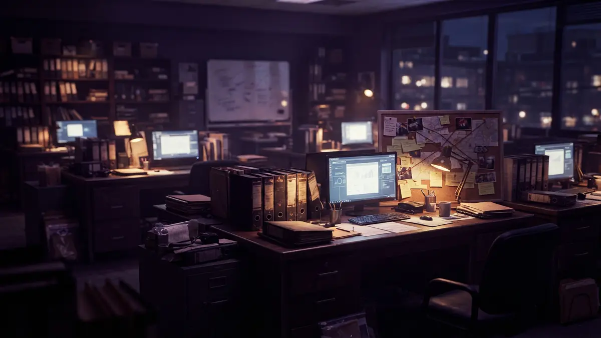 A dimly lit police detective room with files and computer monitors at night.