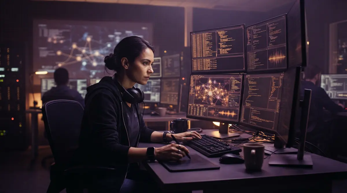 An AI researcher examining evaluation logs and system transcripts in a server control room