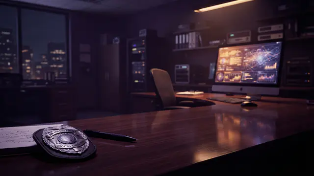 A darkened police department office showing a digital records workstation and municipal insignia
