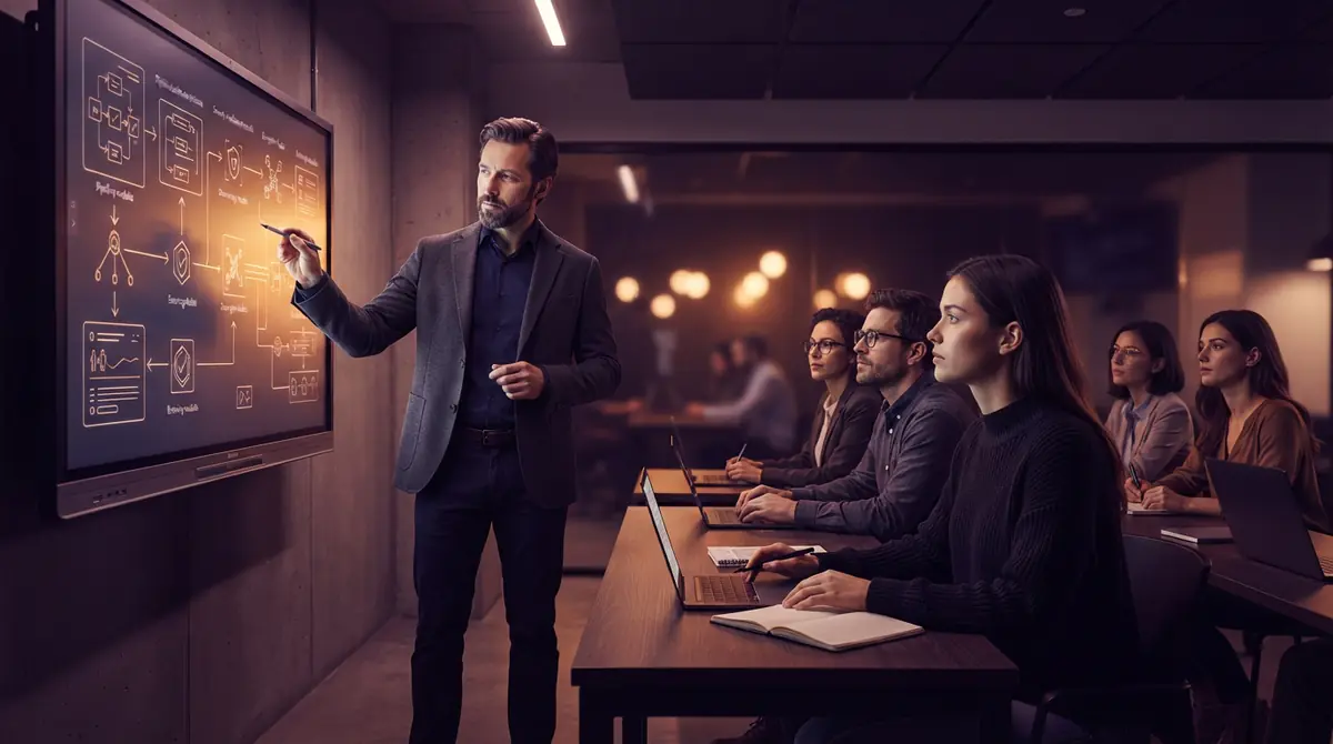 An instructor guiding developers through a simulated enterprise system deployment