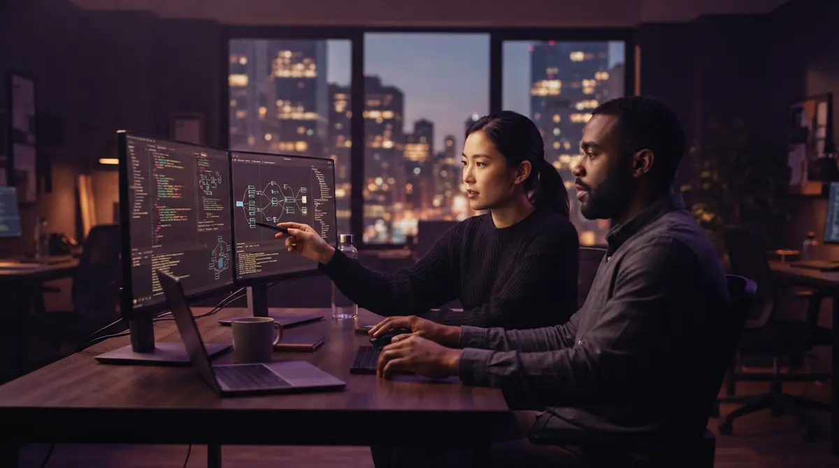 Two enterprise engineers collaborating on software integration in a modern corporate office
