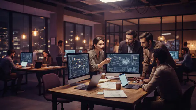 Engineers collaborating in a modern training academy on enterprise AI deployment architectures