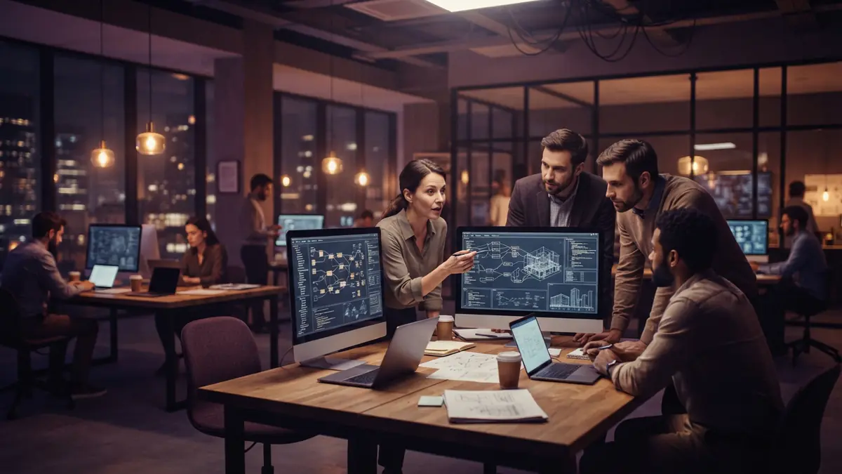 Engineers collaborating in a modern training academy on enterprise AI deployment architectures