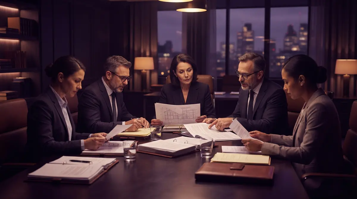 A corporate governance meeting showing leaders reviewing legal documents and structural frameworks