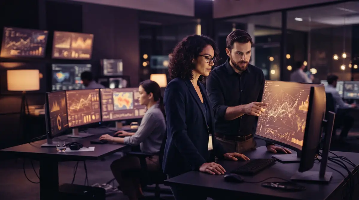 Researchers studying economic data and employment metrics across digital screens in an analytical facility