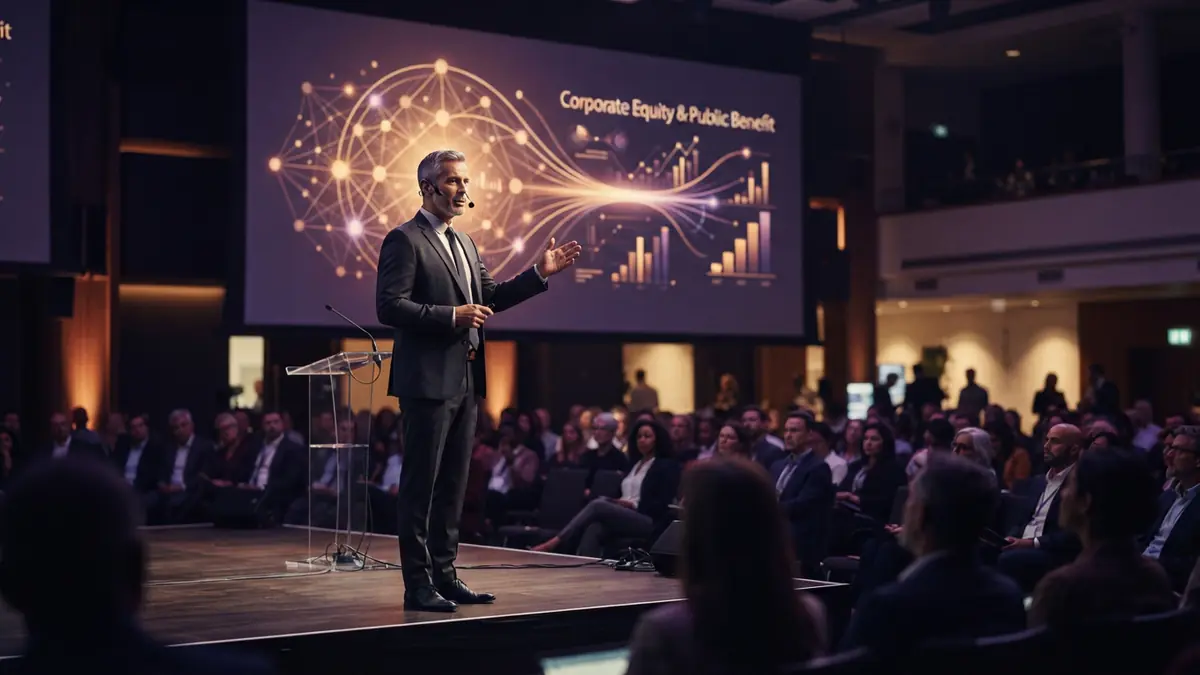 An executive presenting a corporate equity and public benefit chart to an audience in a bright conference hall