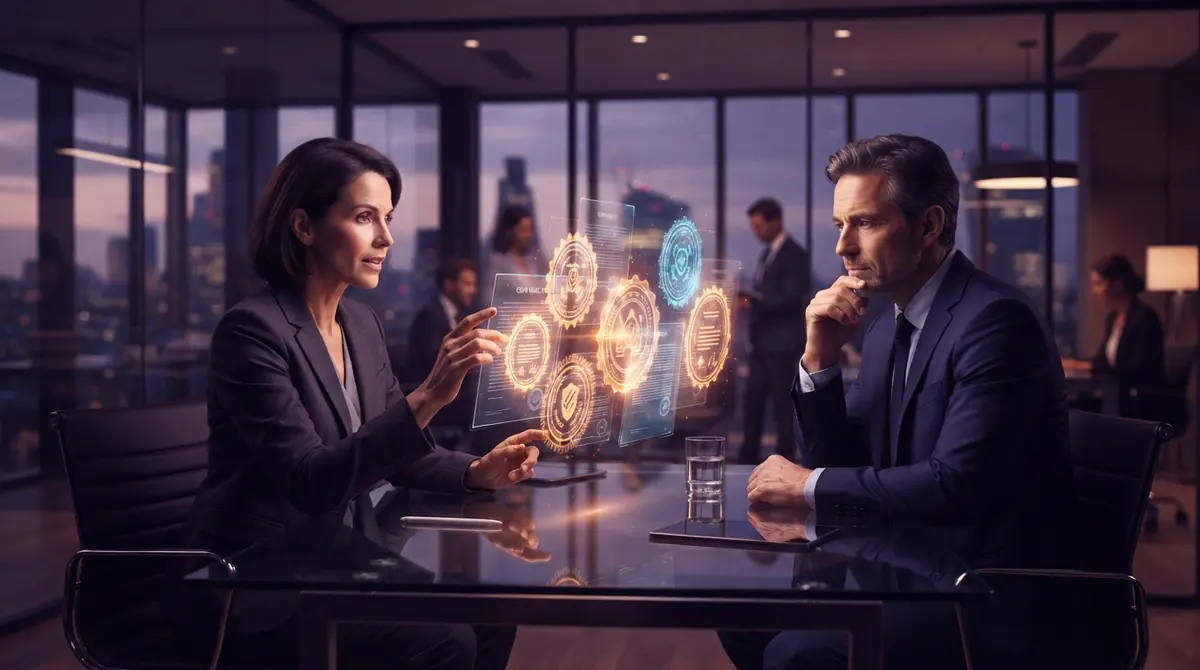 Illustration of professionals reviewing digital contracts with cryptographic verification seals