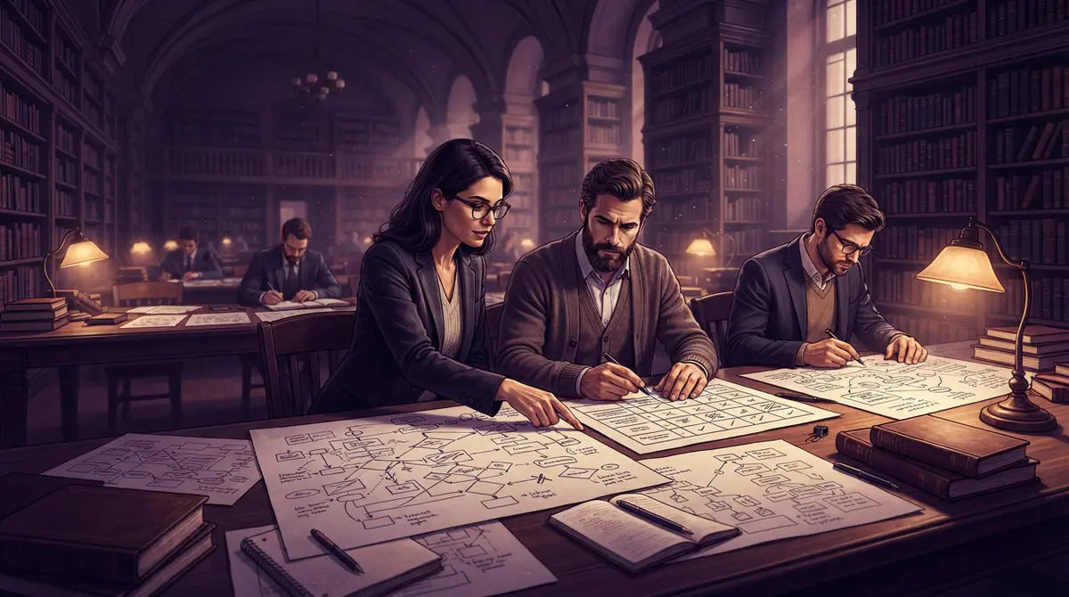 Illustration of researchers examining evaluation frameworks inside a traditional law library
