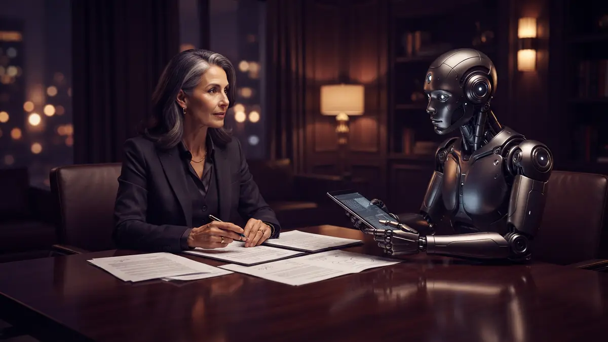 Illustration of an attorney and a robotic figure seated across a conference table reviewing legal documents