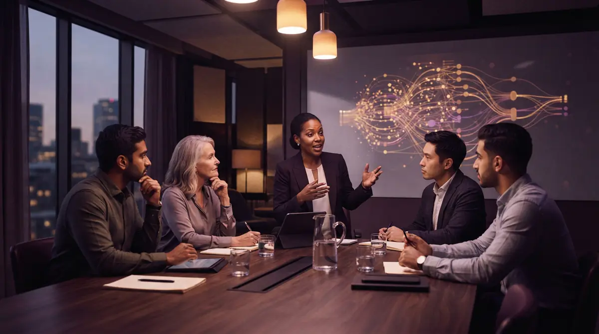 A team of professionals collaborating in an office meeting room