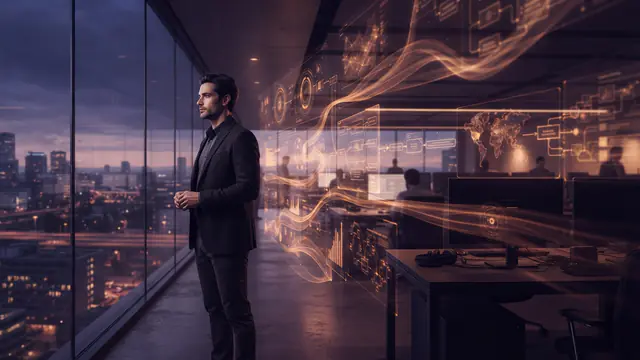 An engineer overlooking automated digital agent pipelines running in a modern workplace