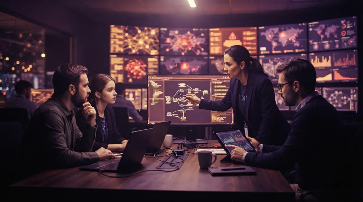 Cybersecurity analysts collaborating on defensive patch verification and threat research.