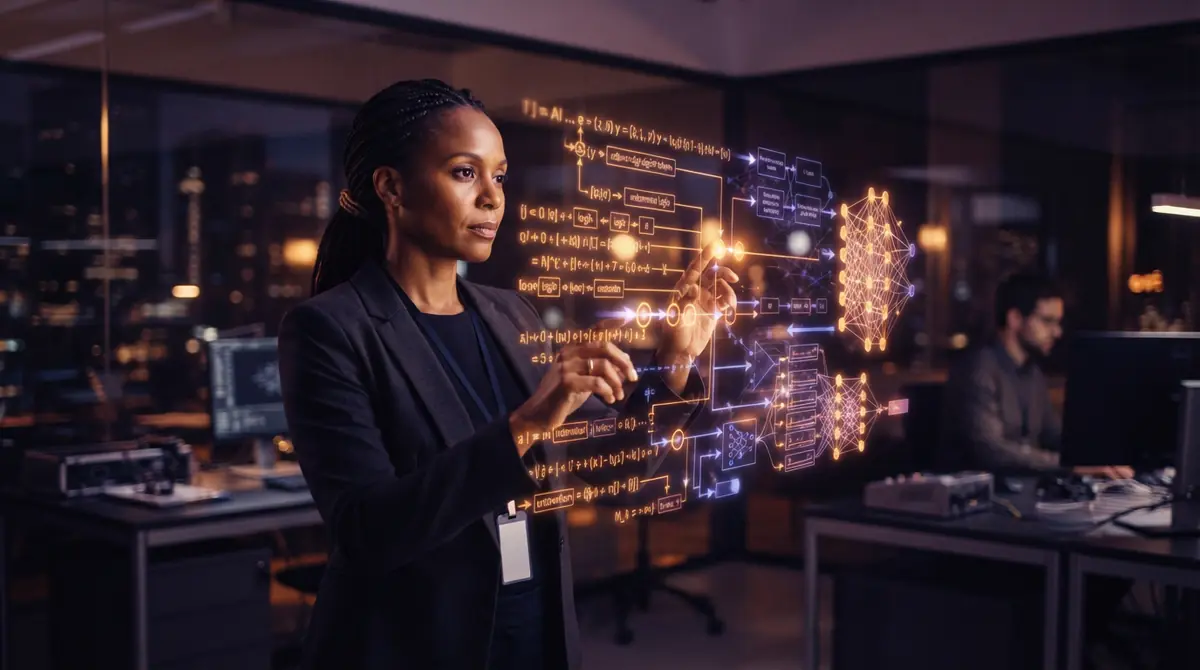 An AI researcher inspecting floating mathematical reasoning tokens in a lab.