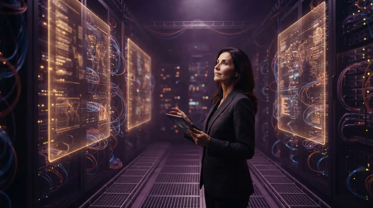 Server racks protected by glowing digital security barriers in a datacenter.