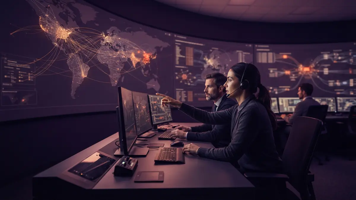 Cybersecurity analysts monitoring data extraction traffic on large screens in an operations center.