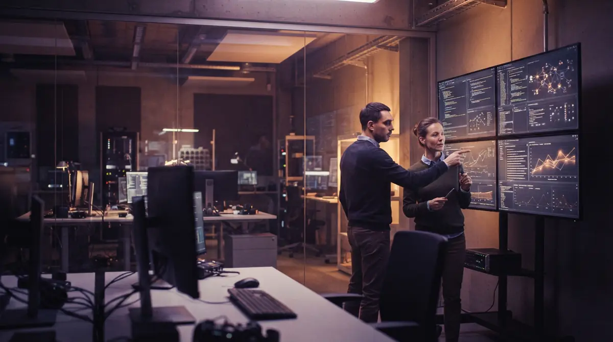 Software engineers analyzing automated testing outputs on digital displays