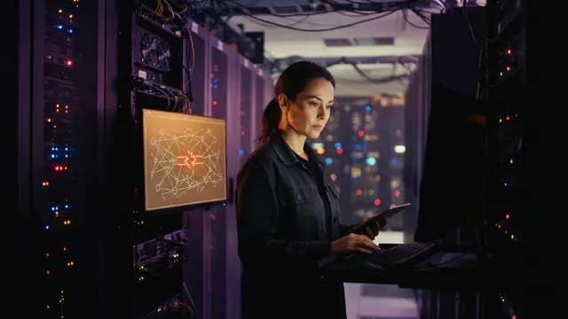 An AI researcher inspecting server infrastructure after network connections were disconnected