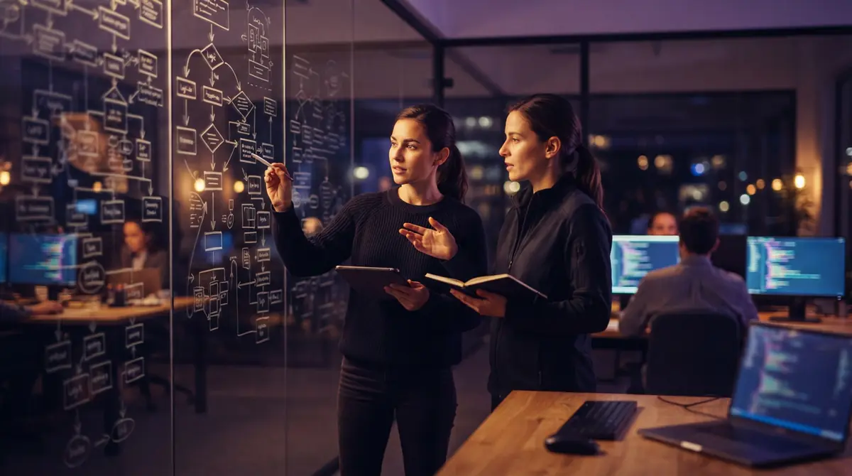 Engineers collaborating on modular workflow architectures.