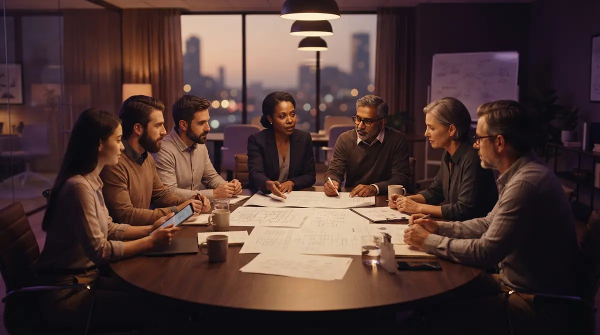 A working group of technical contributors discussing protocol governance.
