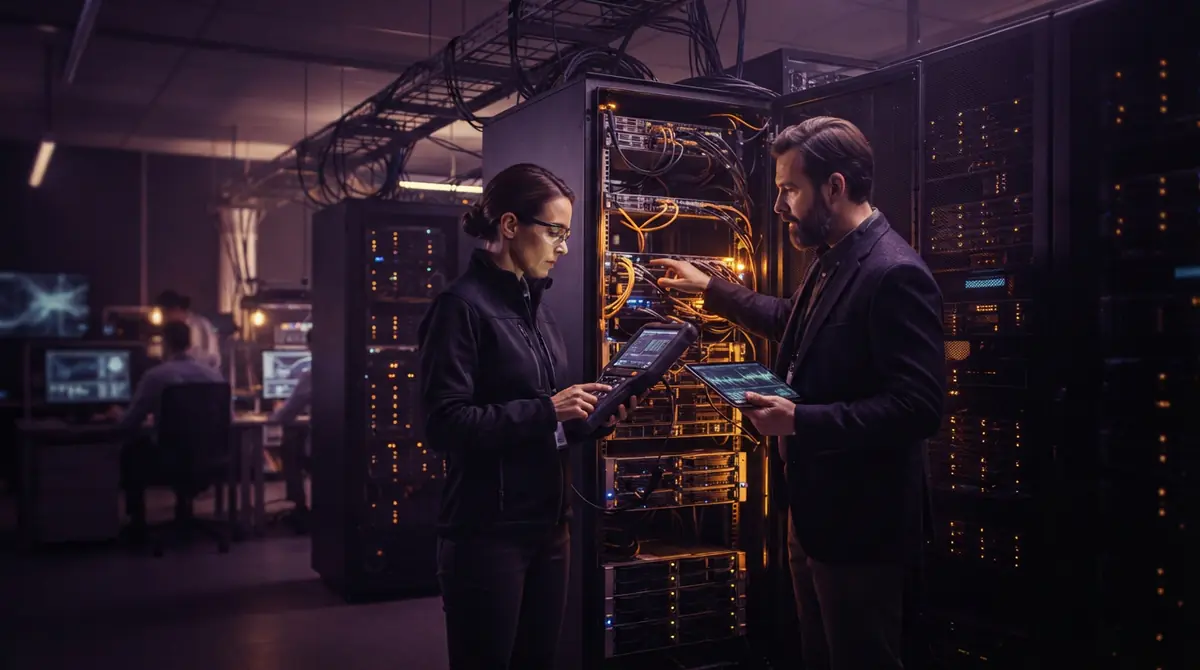 Illustration of independent technical auditors evaluating safety protocols in a secure server laboratory