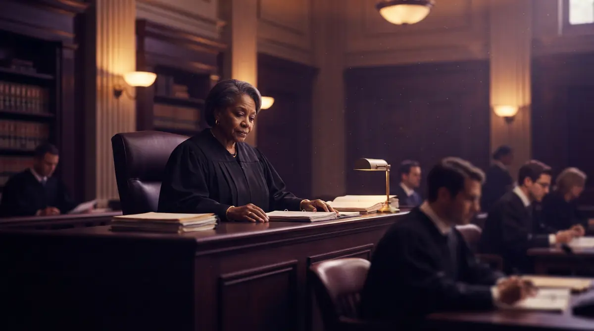 Illustration of a federal courtroom where a judge deliberates over regulatory filings