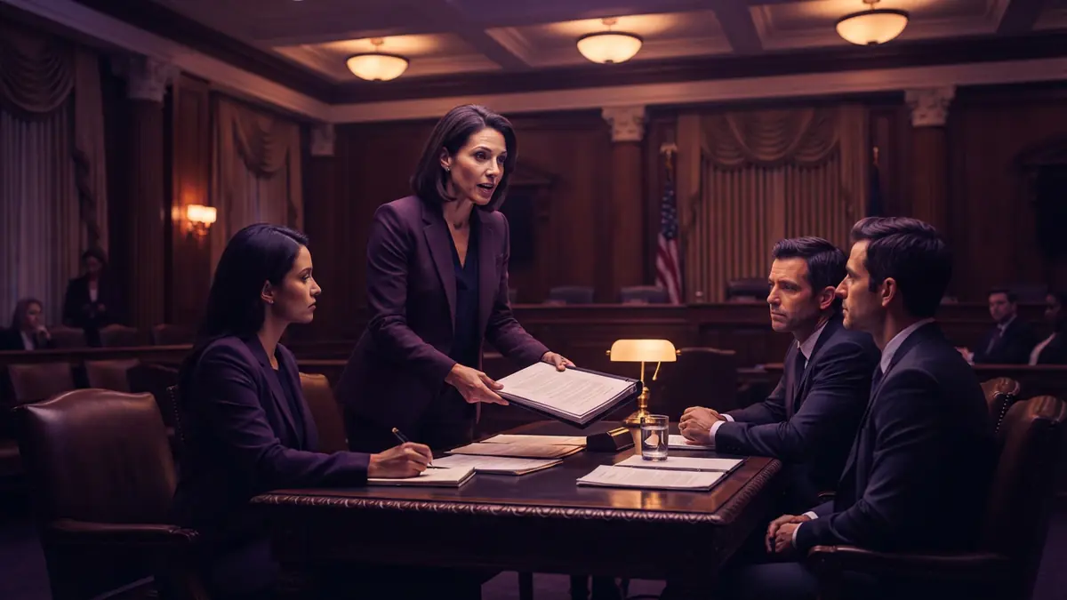 Illustration of a technology executive discussing legislative proposals in a congressional committee room