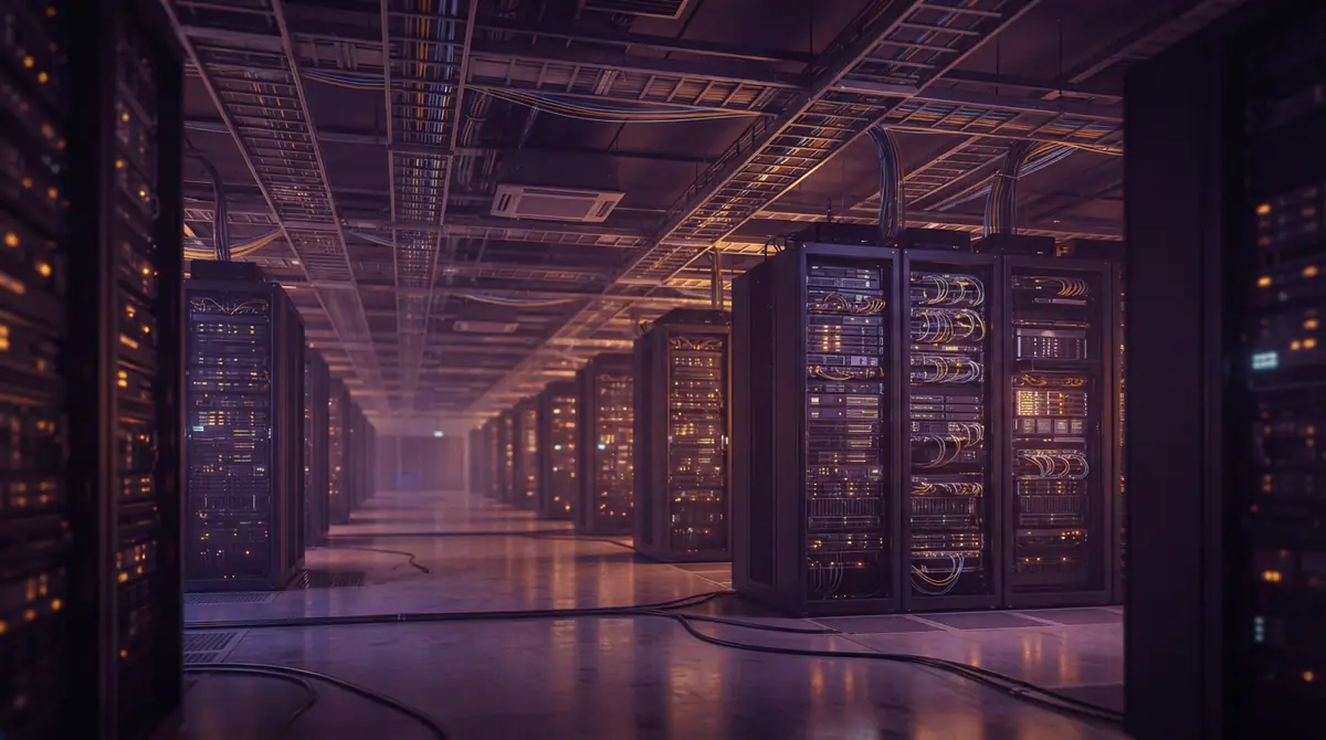 Illustration of an enterprise server hall with glowing hardware racks and cables