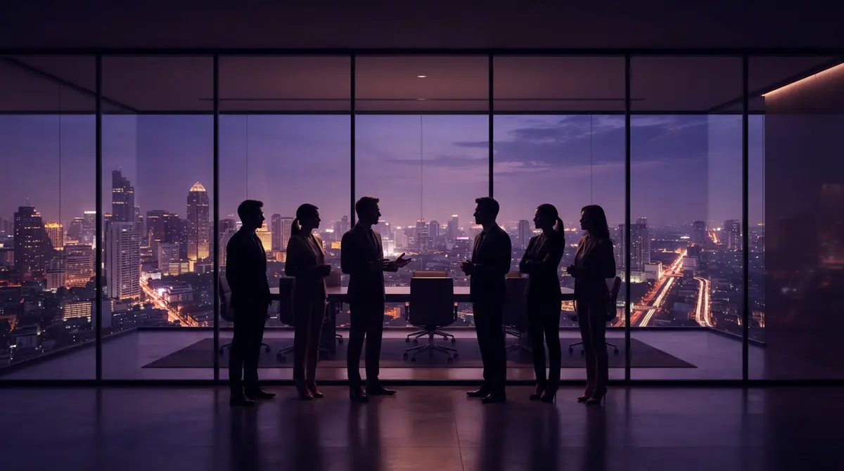 Illustration of seven corporate executives silhouetted against a skyline in a modern conference room