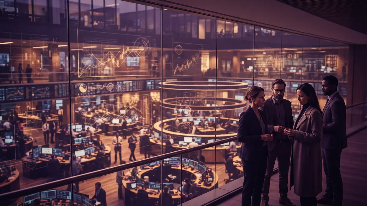 Illustration of a modern stock exchange trading floor viewed through glass architectural panels
