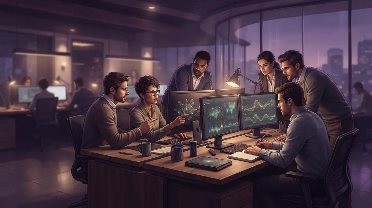 Six research evaluators working at dual-screen workstations inside a tech company office