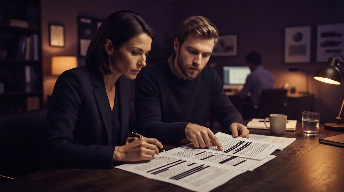 Two specialists examining an evaluation report showing selective redactions