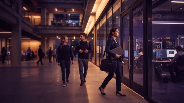 An external AI safety evaluator walking into a modern software research office with a company laptop