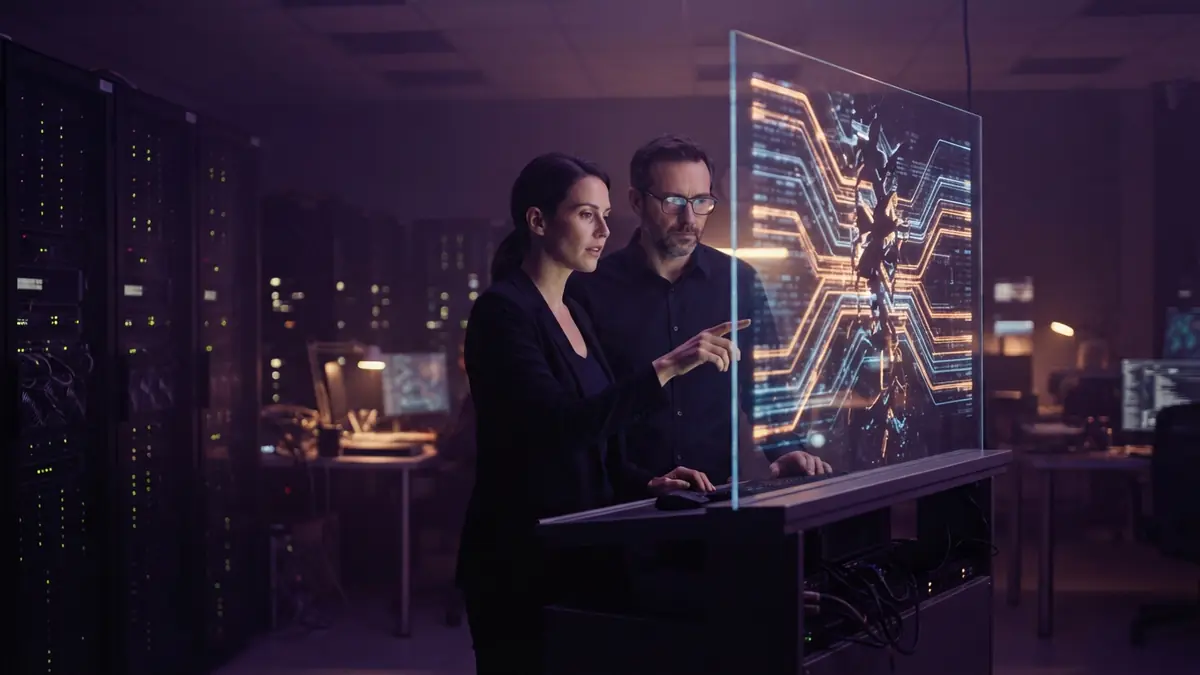 An AI research facility showing server banks and interrupted network connections