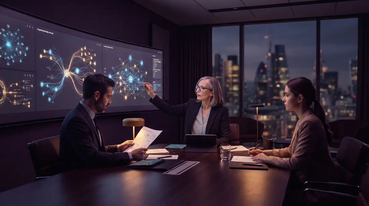 Illustration of business professionals reviewing financial analytics and channel partnership data in a modern office