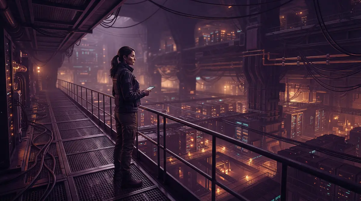 Illustration of an engineer observing a vast power and compute data facility
