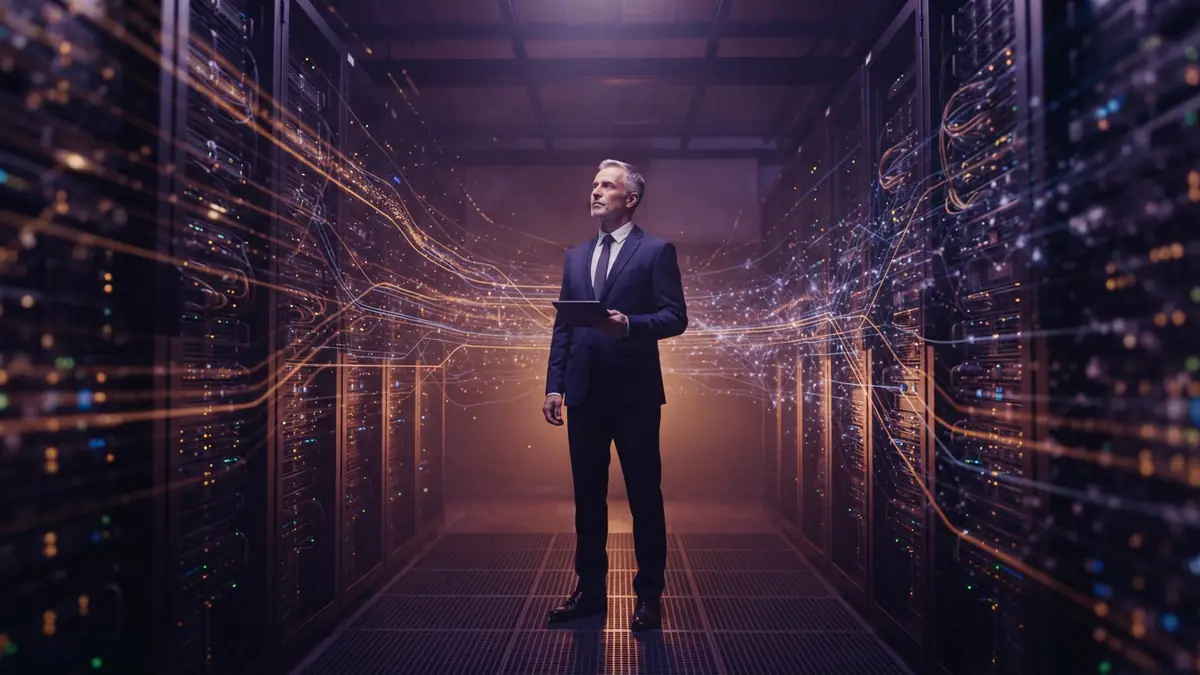 Illustration of an enterprise executive standing amid rows of glowing data center server racks