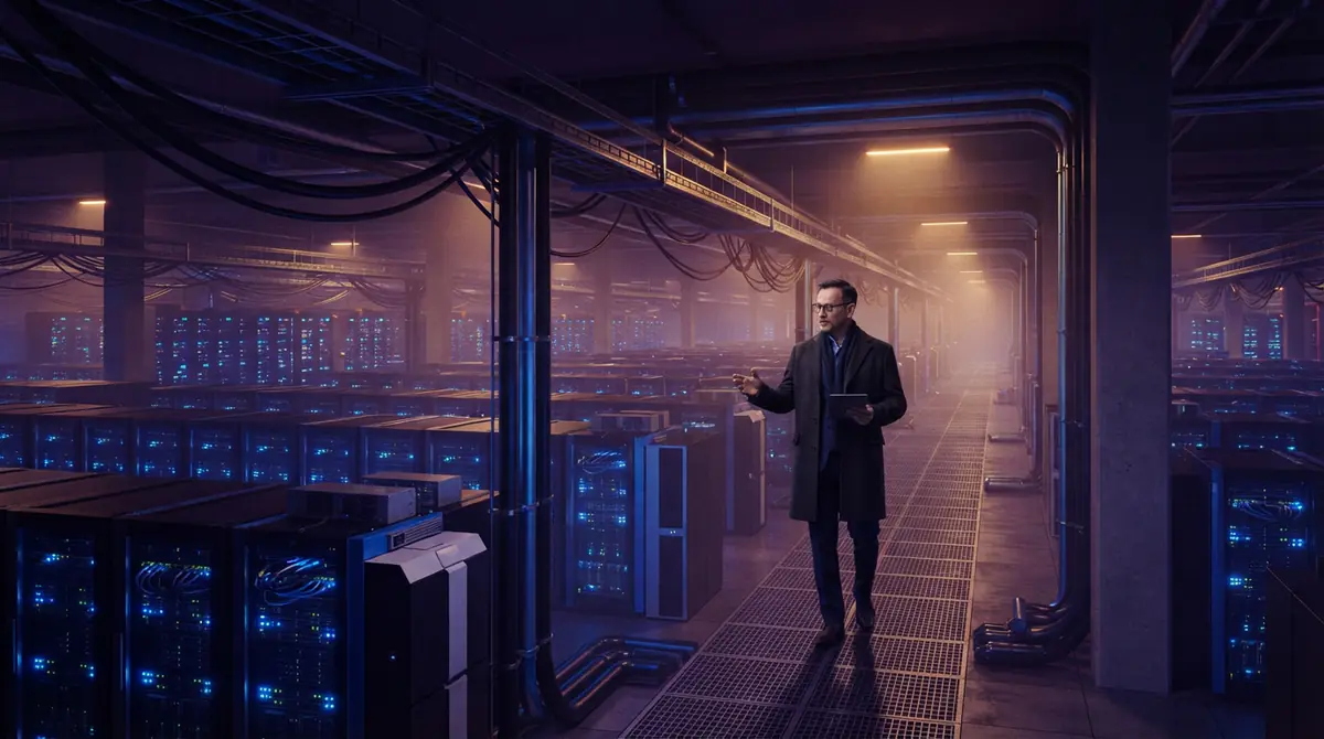 A large-scale enterprise server room with rows of glowing compute hardware.