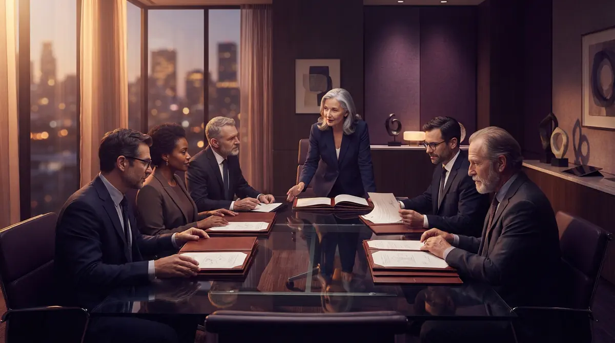 A group of corporate directors reviewing governance documents in a bright boardroom.