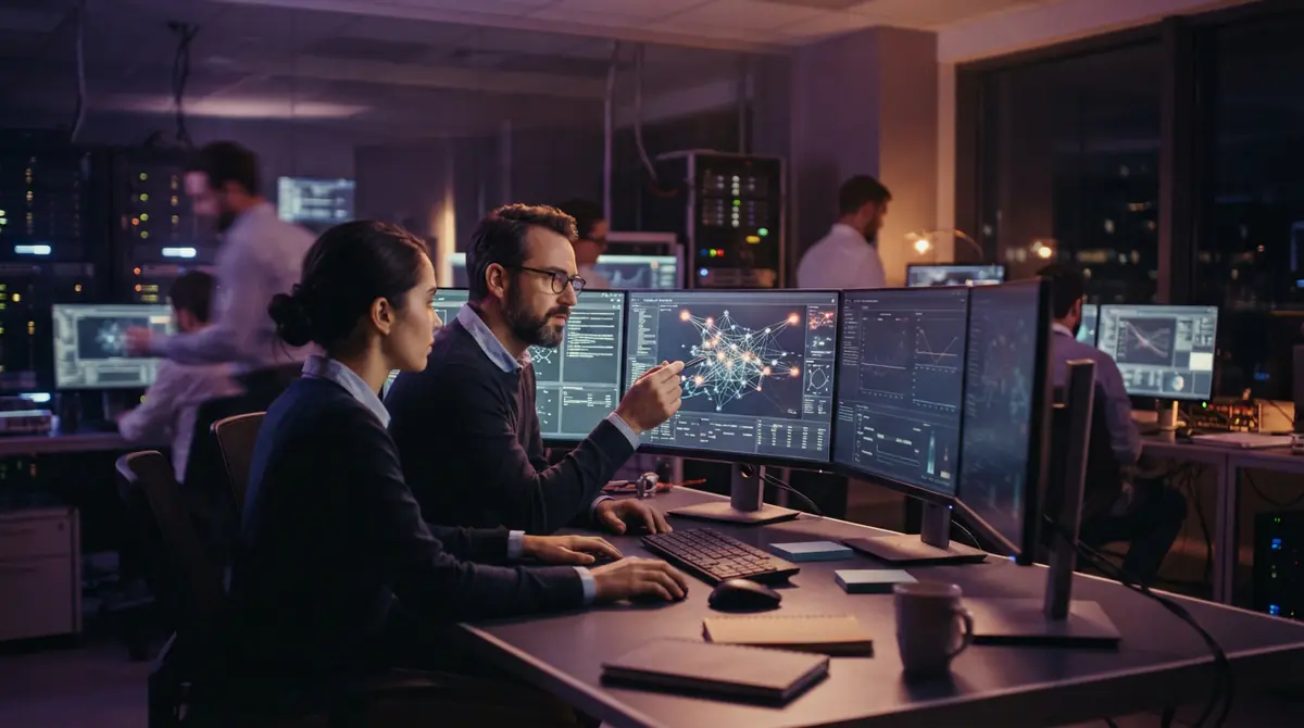 AI safety researchers monitoring model evaluations in a technical laboratory.