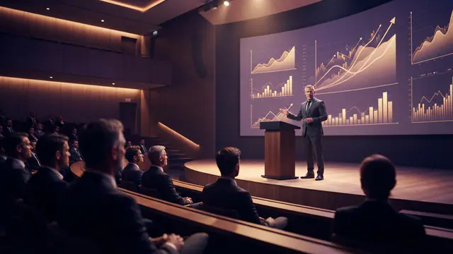 An executive presenting growth charts at a corporate investor conference.