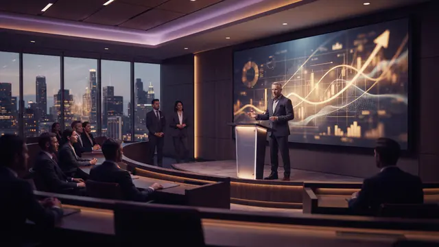 Illustration of company executives delivering a financial presentation to institutional investors in a modern auditorium.