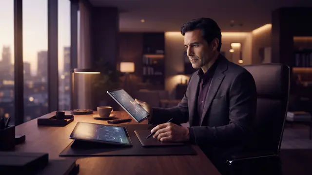 An illustration of a professional reviewing an automated morning briefing on a digital screen