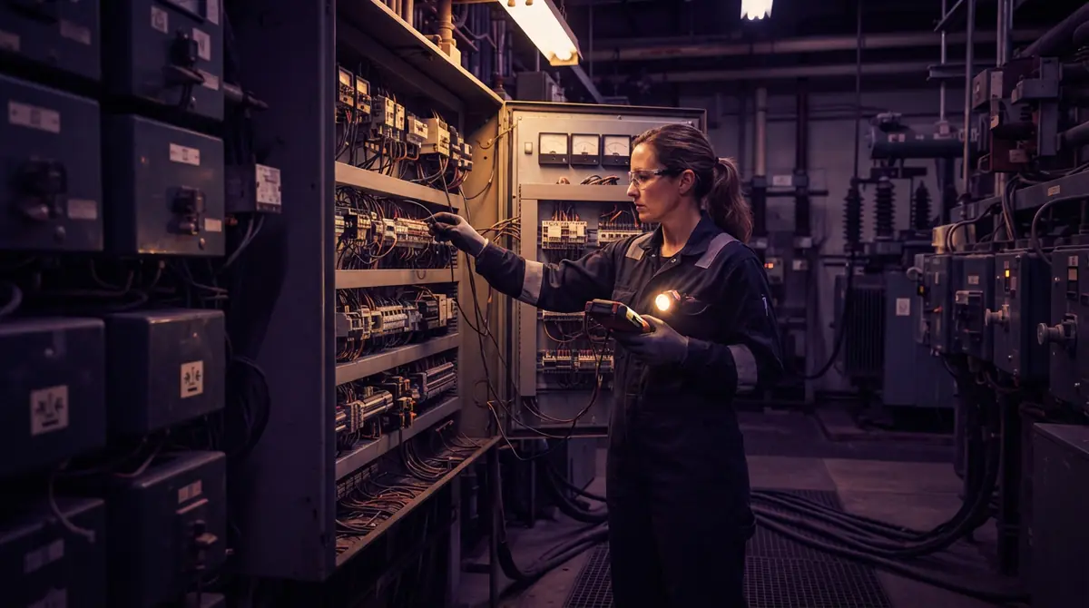 An illustration of a technician inspecting legacy electronic controllers inside an electrical utility substation.