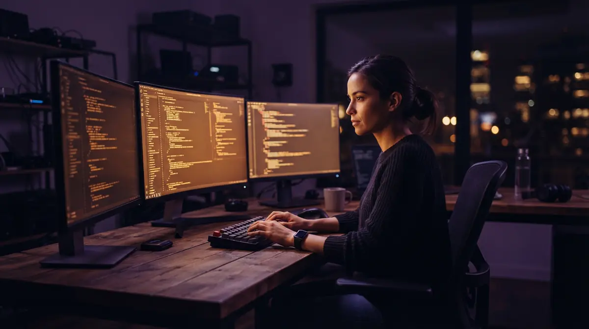 An illustration of a software developer reviewing code on computer screens.