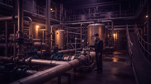 An illustration of industrial machinery and filtration pipes in a municipal water plant.