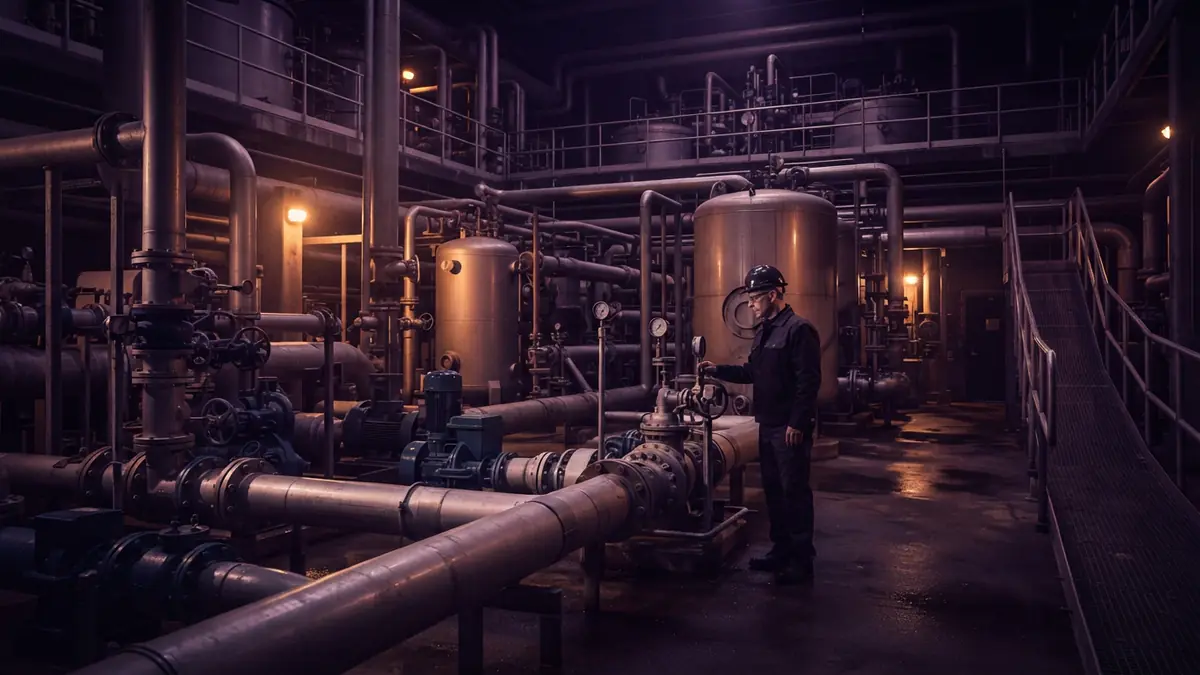 An illustration of industrial machinery and filtration pipes in a municipal water plant.
