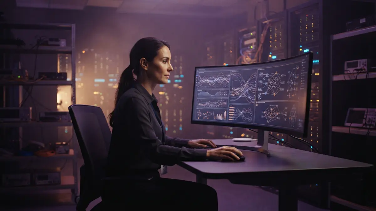 An AI researcher monitoring network evaluations in a server facility.