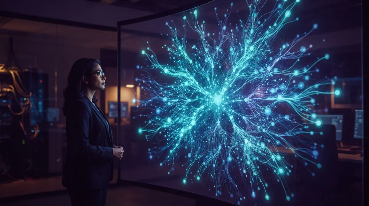 Abstract visualization of branching computational nodes and systemic relationships