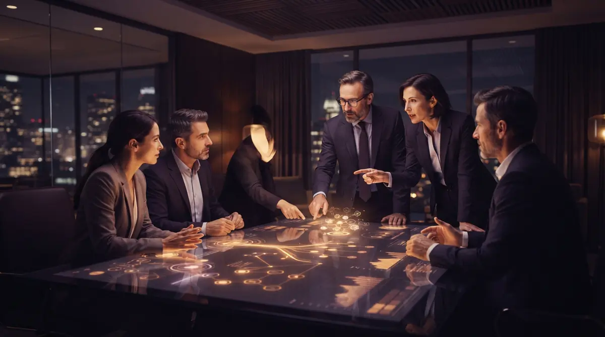 Enterprise decision-makers evaluating software metrics and model comparisons around a table